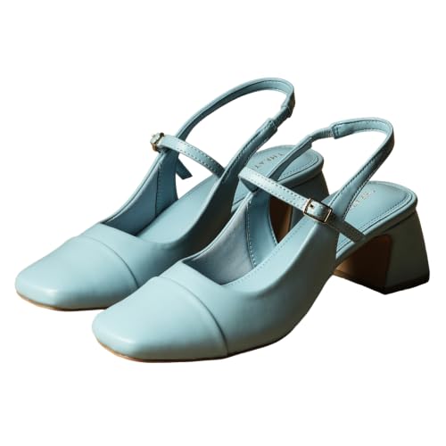 Image of Theater Women Twiggy Mary Jane Block Heel Sandals with Square Toe and Adjustable Buckle Slingback | Cushioned Comfort for Office & Formal Wear