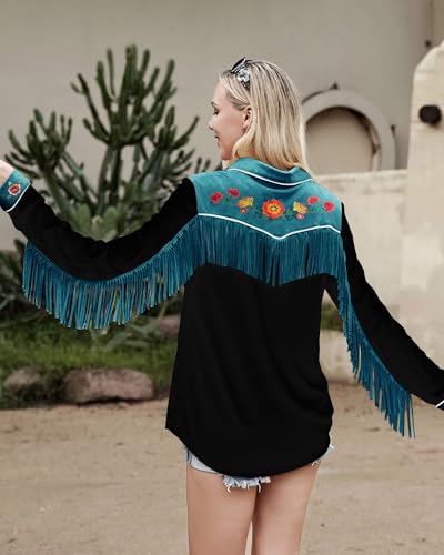 JOHN MOON Womens Fringe Western Long Sleeve Shirts Floral Embroidered Cowgirl Button Down Shacket Blouse Country Rodeo Outfit4