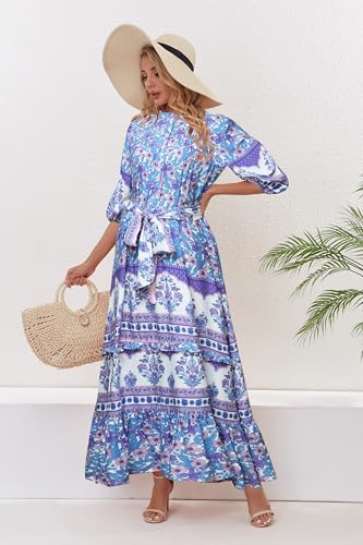 Image of Women Boho High-Waist Floral Print Maxi Dress 3 /4 Sleeve Casual | Soft Rayon, Breathable, Quick-Dry. High-Waist with Adjustable Belt, Flattering Hem. Ideal for Beach, Work & Dating.