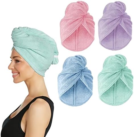 Turbie Twist Microfiber Hair Towel Wrap for Women and Men | 4 Pack | Quick Dry Turban for Drying Curly, Long & Thick Hair (Pink, Purple, Blue, Aqua)