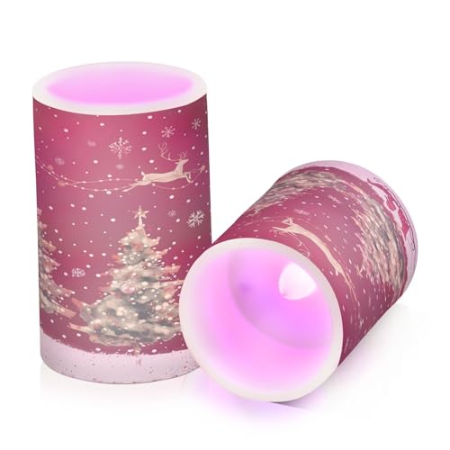 Image of Christmas Lights Flameless Candles Christmas Trees Reindeer Pillar Candles Set of 2 Battery Operated Remote Control Warm Lights Home Decor
