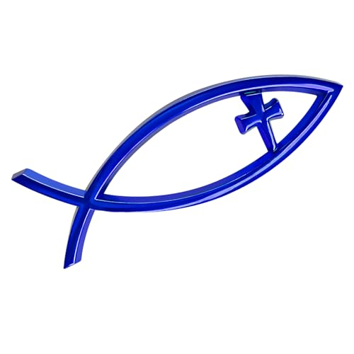 Image of Christian Cross Fish Car Emblem, Large Jesus Fish Cross Auto Emblem Badge Bumper Sticker, Weatherproof Christian Fishes Symbol Ichthus Religious Decal for Most Vehicles (Blue)