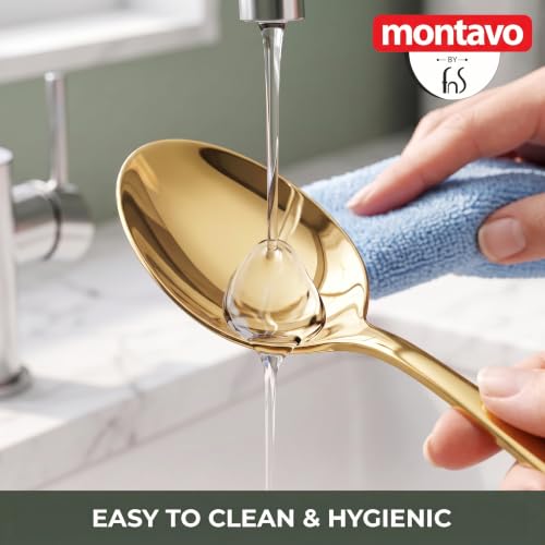 Image of Montavo by FnS 12 Pieces Stainless Steel Golden Dinner Spoon Set | Premium Mirror Finish | Rust Resistant, Dishwasher Safe | Luxury 16cm PVD Gold Table Spoons for Home, Kitchen, Restaurant & Gifting