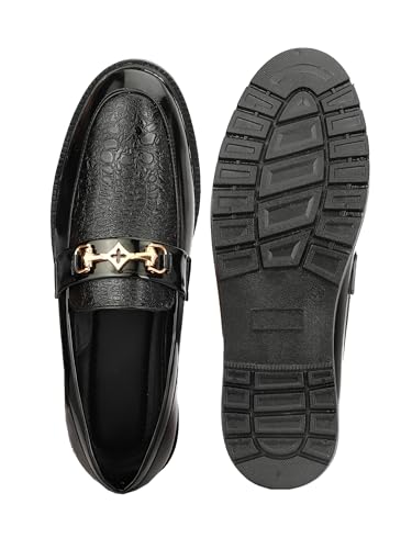 Image of Men's Black Leather Loafers with Golden Buckle - Elegant Slip-On Dress Shoes with Textured Upper & Comfort Sole for Formal & Casual Wear