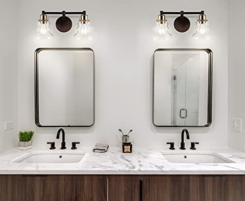 Image of JONATHAN Y 18.5 inch Brass Gold /Oil Rubbed Bronze Modern Industrial Rustic 2-Light LED Vanity Light with Clear Glass Shade, Vintage Wall Sconce for Bathroom Kitchen Hallway, LED Bulb Included (JYL3545A)