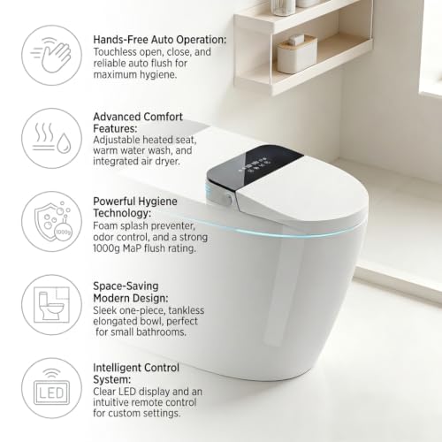 Inodoro inteligente monoblock sin tanque, elongado, altura ADA, con apertura/cierre automático, sensor de pie, lavado con agua tibia y secado con aire miniatura 2
