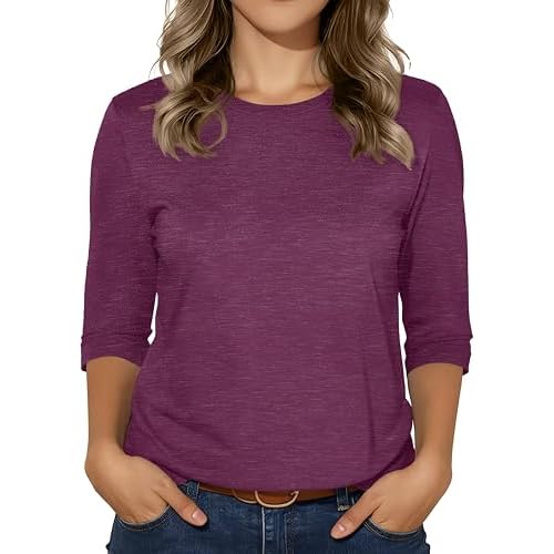 3/4 Sleeve Tops for Women Basic Crew Neck Spring Blouses Casual Fit Fall T Shirts