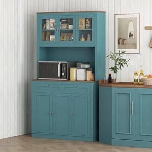 HOMCOM 71 Tall Pantry Cabinet with Microwave Stand Freestanding Kitchen Hutch with 2 Drawers Bar Cabinet with Adjustable Shelves Glass and Recessed Doors for Kitchen Dining Room Green