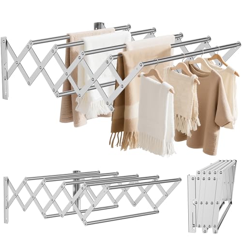 OUUTMEE Wand Wäscheständer Edelstahl Wandtrockner Ausziehbar, Vorderer und hinterer Teleskopbereich: 12~56cm, mit Sieben Zugstangen Tragfähigkeit 25kg (Silber)