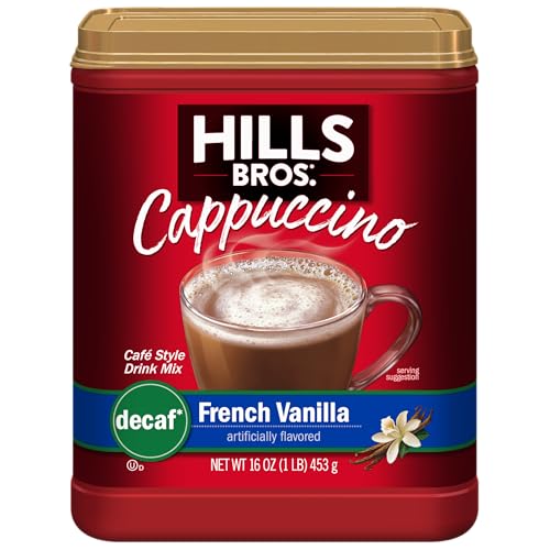 Hills Bros Decaf French Vanilla Cappuccino Mix, Easy to Use, Enjoy Coffeehouse Flavor at Home-Decadent with Sweet Notes and No Caffeine, 16 Ounce (Pack of 1)