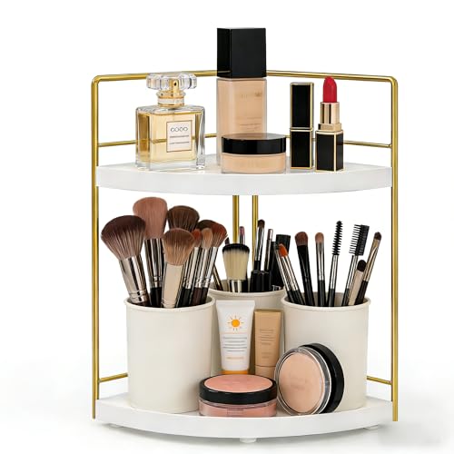 Image of Bathroom Countertop Organizer, 2 Tier Wood Bathroom Counter Organizer, Vanity Organizers Corner Shelf for Makeup, Perfume, Skincare,Bedroom and Kitchen Storage (2 Tier,White and Gold)