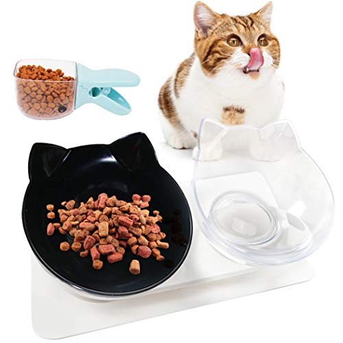 Joyibay Bol pour Chat, Double Gamelle Chat Inclinée Gamelle Orthopédique Cou De Protection Bol pour Animaux de Compagnie avec Cuillère à Soupe pour Nourriture et l'eau pour Chat Chien