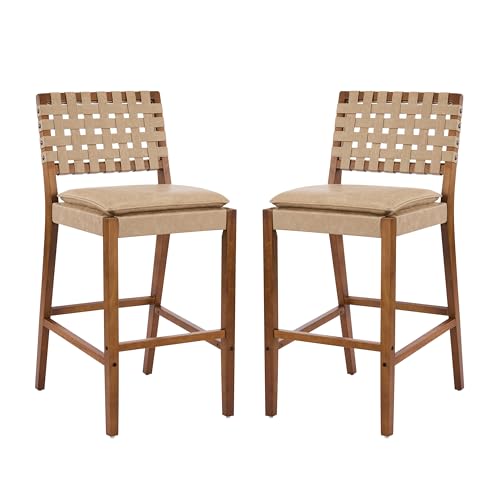 Christopher Knight Home Caitlyn Butaco de Altura para Barra Set de 2, Butaco de Cuero PU para Isla de Cocina, Silla de Comedor de Madera, Butaco con Reposapiés, Marrón Claro+Nogal miniatura 5