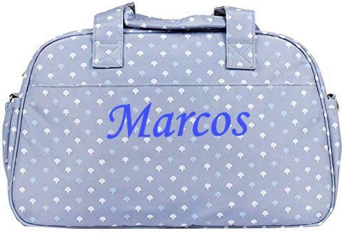 Bolso personalizado bebe carrito con nombre bordado + Regalo de un babero (Gris azul)
