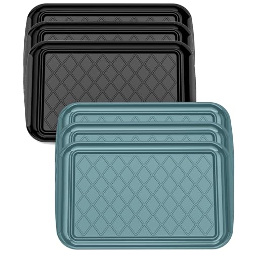 Serving Trays for Party - Set of 6, Large Serving Platters for Raw and Cooked Food, Dishwasher Safe, 17×10.5-inch Stackable Plastic Party Supplies for Grilling, BBQ, Meal Prep (Green, Black)