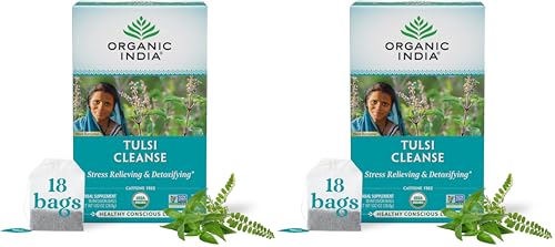 Image of Organic India Tulsi Cleanse Herbal Tea - Holy Basil, Stress Relieving & Cleansing, Immune Support, Adaptogen, Vegan, USDA Certified Organic, Non-GMO, Caffeine-Free - 18 Infusion Bags, 2 Pack