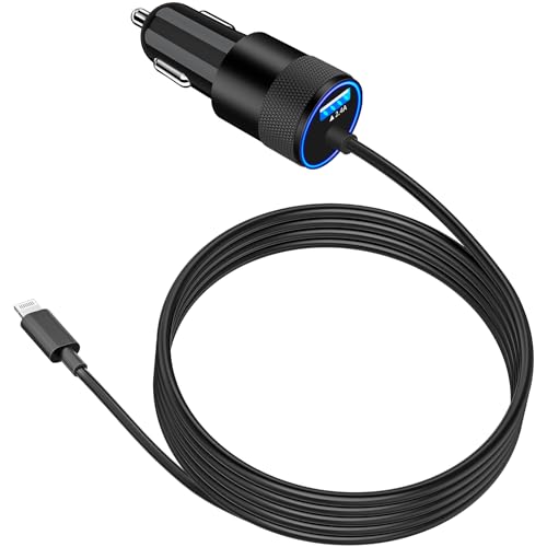 【MFi Certified】iPhone Fast Car Charger, Caiinei 4.8A Dual USB Power Cigarette Lighter iPhone Car Charger Fast Charging Built-in 6FT Lightning Cable for iPhone 14 13 12 11 Pro Max XS Mini XR X SE iPad