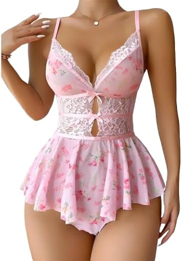 VAIA Women’s Floral Lace Babydoll Romper | Soft Sheer Mesh Lingerie with Adjustable Straps &amp; High-Waist Lace Panel | Light...