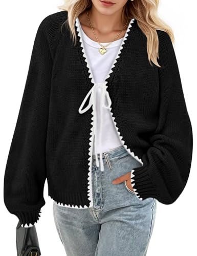 MISSACTIVER Bow Tie Front Cardigan Sweaters for Women Long Sleeve Open Front Contrast Trim Knit Top Fall Loose Lace Up Jacket