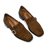 MOOMMO Women Brown Chunky Heel Penny Loafers Square Toe Buckle Slip On 2' Stacked Block Heel Dress Loafers Oxfords Suede Office Ladies Comfy Classic Loafer Pumps Suede Dark Brown 7.5 M US