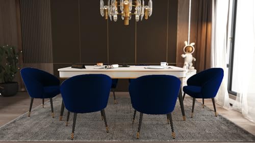 Image of WOODEN SPACE 6-Seater Wooden Dining Table Set | Nano Composite Marble Top | Solid Wood Base | Modern Dining Room Furniture with 6 Chairs (Navy Blue)
