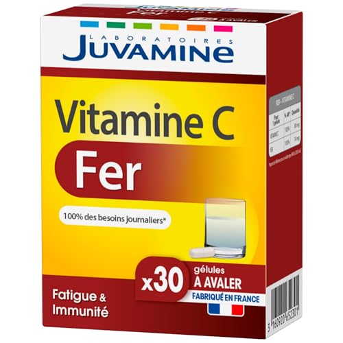 JUVAMINE - Fer + Vitamine C - 30 gélules à avaler - Fatigue et immunité - Réduit la Fatigue - Absorption du Fer - Lipofer® - Vitalité - Fabriqué en France