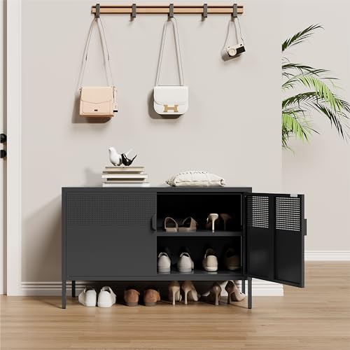 Image of Metal Storage Cabinet,2 Door TV Stand, Metal Mesh Accent Cabinet