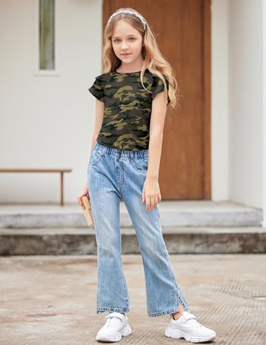 Image of Girls T Shirts Ruffle Short Sleeve Round Neck Loose Blouse Summer Solid Color Casual Girl Tee Tops for 3-12 Years
