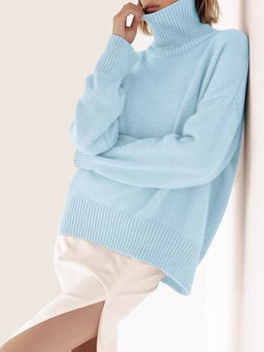 YKR Women's Turtleneck Sweater Chunky Long Sleeve Knitted Pullover High Low Hem Sweater 2023 Fall Winter Sweater Top Babyblue S2