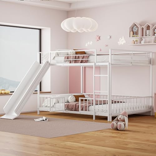 Image of Bellemave Full Over Full Bunk Bed with Slide and Ladder, Metal Low Bunk Bed for Kids, Girls, Boys, Removable Fence, with Door, White