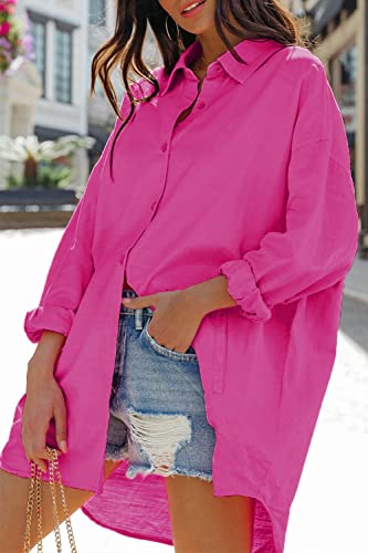 Image of FSHAOES Womens Oversized Button Down Shirts Casual Loose Long Sleeve Solid Lapel Long Blouses Tops with Pockets