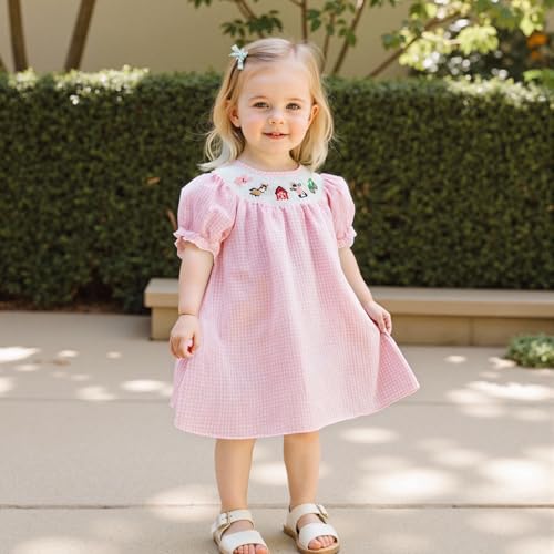 Kids Girls Summer Dress Plaid Animal Embroidery Puff Short Sleeve Smocked Princess Dress Cute Toddler Farm Clothes2