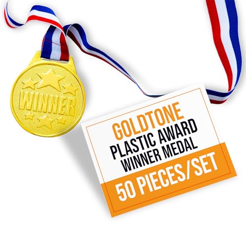 Podzly 50 Piece Goldtone Plastic Award Winner Medal Set - Ideal for Sports, Games, Competitions, Rewards, Talent Shows, Parties, Party Favors, or Decor - Stylish Gold Medals with Ribbons for Kids