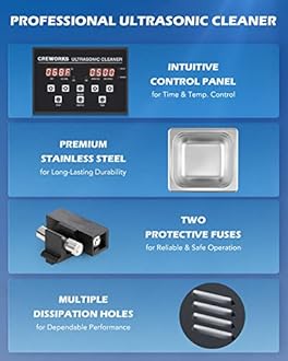 CREWORKS 2L Digital Ultrasonic Cleaning Machine with Degas and Gentle Mode, 60W Ultrasonic Cleaner Machine with Heater and Timer, 0.5 gal Ultrasound Cleaner for Retainer Watch Denture Glasses More