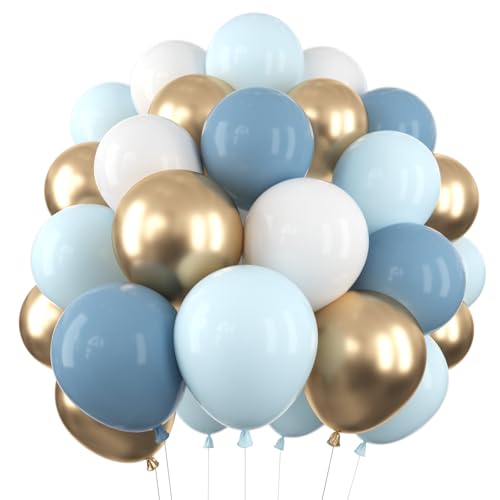 Image of Dusty Blue Metallic Champagne Gold Balloon Set 12 Inches,70 Pcs Blue White Metallic Champagne Gold Latex Balloons,Baby Blue Gold Party Balloons for Birthday