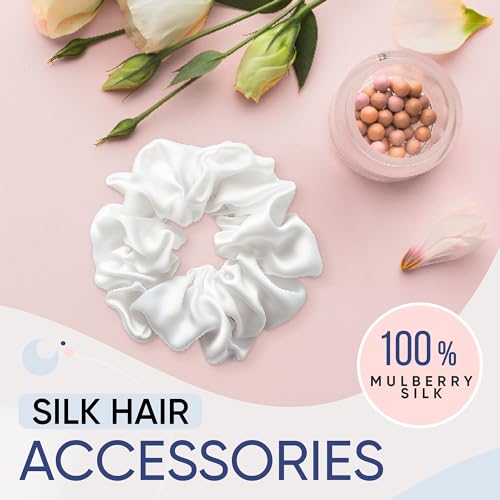 Image of Blissy Silk Scrunchies (3 Pack) - 100% Pure Mulberry Silk - 22 Momme 6A High-Grade Fibers Scrunchie for Straight & Curly Hair (White Regular)