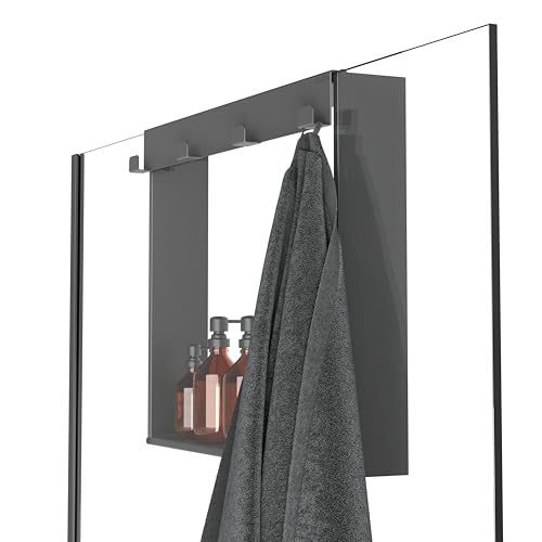 EMILORA Estante para ducha sin taladrar, 50 x 40 x 12 cm, color negro, para colgar en pared de cristal o puerta de cristal, estante de acero inoxidable con 4 ganchos para toallas, estante de ducha