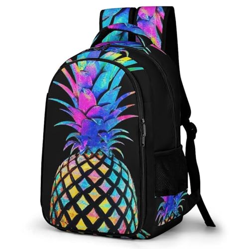 Unisex Backpack with Side Pockets, Women Men Durable Spacious Backpack, Colorful Pineapple Black Comfy Shoulder Bag for Travel, Daily Commuting