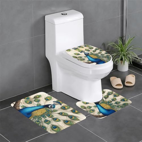 WHJYYXDE PeacockBeautiful Peacock in Full Bloom - Juego de 3 alfombrillas antideslizantes con estampado de pavo real en plena floración para el suelo, alfombra de baño adecuada para suites de baño