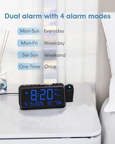 Roxicosly Projection Alarm Clock for Bedroom Ceiling, 118 dB Super Loud for Heavy Sleepers, 6.7" Large Digital Dimmable Display with Day Date Indoor Temp Humidity, Dual Alarms Adjustable Volume - Image 5