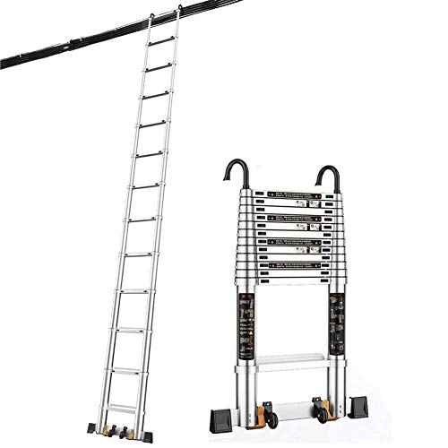 YGCBL Escalera para el hogar al aire libre, escalera telescópica de aluminio para ático con gancho de techo, escaleras de extensión plegables multiusos con barra estabilizadora, para interiores, 3.9 m
