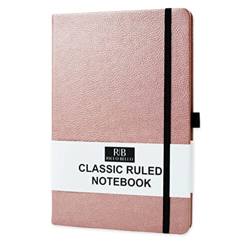 RICCO BELLO Classic College Ruled Hardcover Journal Notebook, Elastic Band Closure, Pen Holder, Inner Pocket, 5.7 x 8.4 inches (Rose Gold)