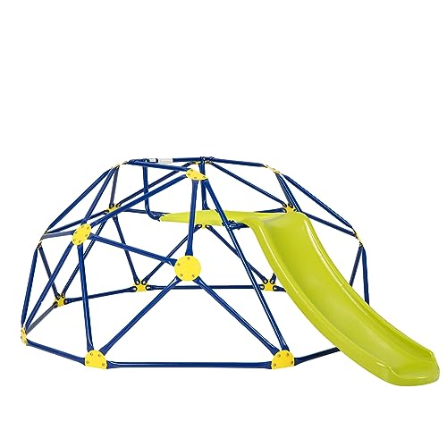 Maxmass 2-in-1 Kids Dome Climber Set, Toddler Climbing Frame with Smooth Slide and Fabric Platform, Indoor Outdoor Geometric Children Jungle Gym Playset for Garden Yard Park (Green + Blue)