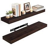 BAMEOS Solid Bamboo Floating Shelves, Set of 2 with Invisible Brackets, Natural Wood Grain Decor for Living Room, Bedroom, Kitchen, Bathroom & Office Storage