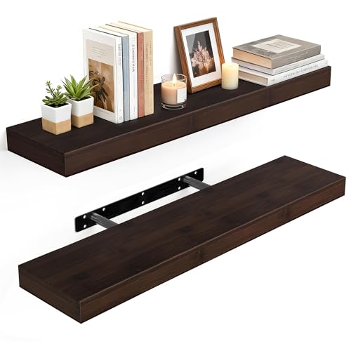 BAMEOS Solid Bamboo Floating Shelves, Set of 2 with Invisible Brackets, Natural Wood Grain Decor for Living Room, Bedroom, Kitchen, Bathroom & Office Storage