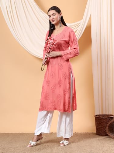 Image of POSHAK CHIKAN STUDIO Women's Hand Embroidered Lucknowi Chikankari Modal Straight Long Kurta, heer