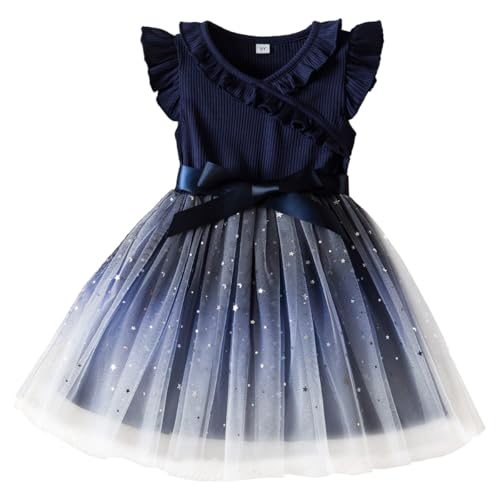 LUVCES Vestido de Tul para Niña Pequeña Volantes Mangas Estampado Floral Informal Vestido de Verano para Fiesta de Cumpleaños para Niñas Azul Marino sin Mangas 2-3 años