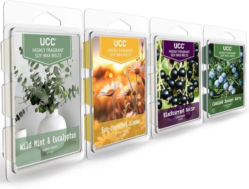 Image of UCC Wax Melts, Soy Wax Cubes Long Lasting Premium Scented Mix Melts Tarts, Sun-Drenched Blooms, Blackcurrant Nectar, Candied Juniper Berry 4 Pack