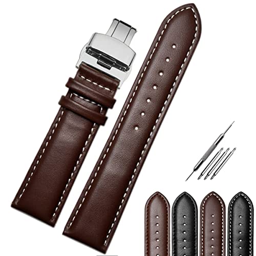 Strapseeker Jaxon Armband Silber Schmetterling Faltschließe Top-Grain-Leder Uhrenarmband,Premium-Uhrenarmband Ersatz für Damen und Herren,verschiedene Größen (braunes Leder mit weißem Gewinde, 19 mm) Cover