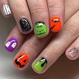 Halloween Press on Nails Short Square Fake Nails Pumpkin Bat Spider Web Glossy Design False Nails Cute Ghost Glue on Nails Reusable Stick on Nails for Women DIY Nails Art Decoration 24Pcs -  DZPGUONIZ